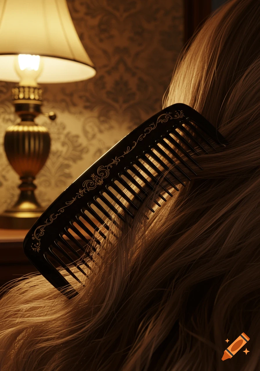 A close-up shot of a black decorative comb in light brown hair, with a glowing lamp in the soft-focus background.