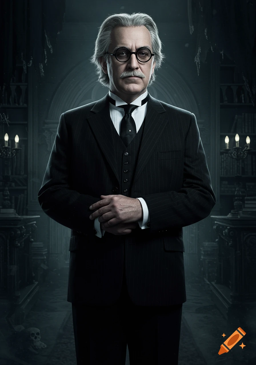 Photorealistic portrait of a distinguished man with gray hair, a mustache, black-framed glasses, and a pinstripe suit, standing in a gothic library.