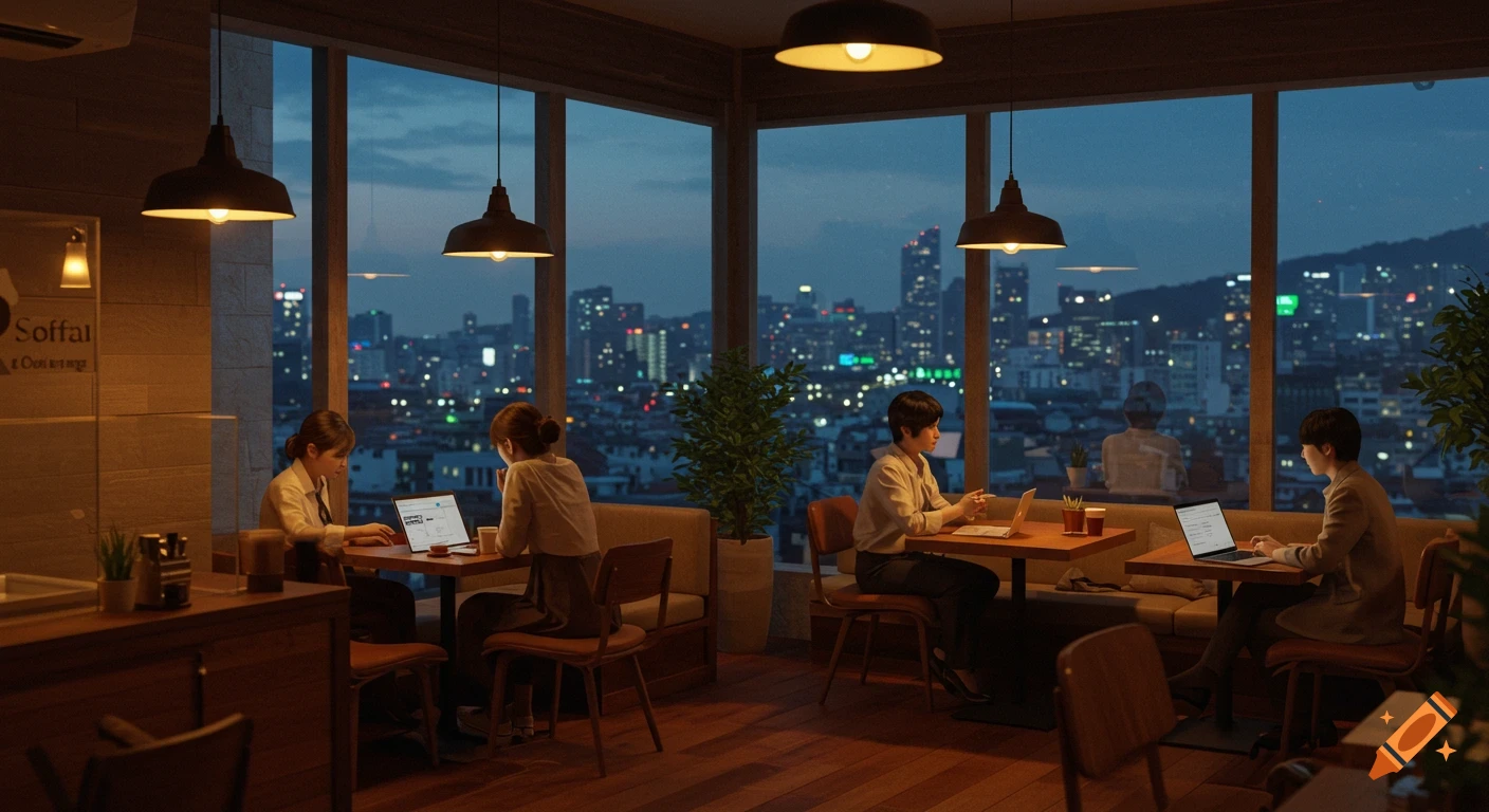 A cinematic, photorealistic image of people working on laptops in a modern cafe with large windows overlooking a city at night.