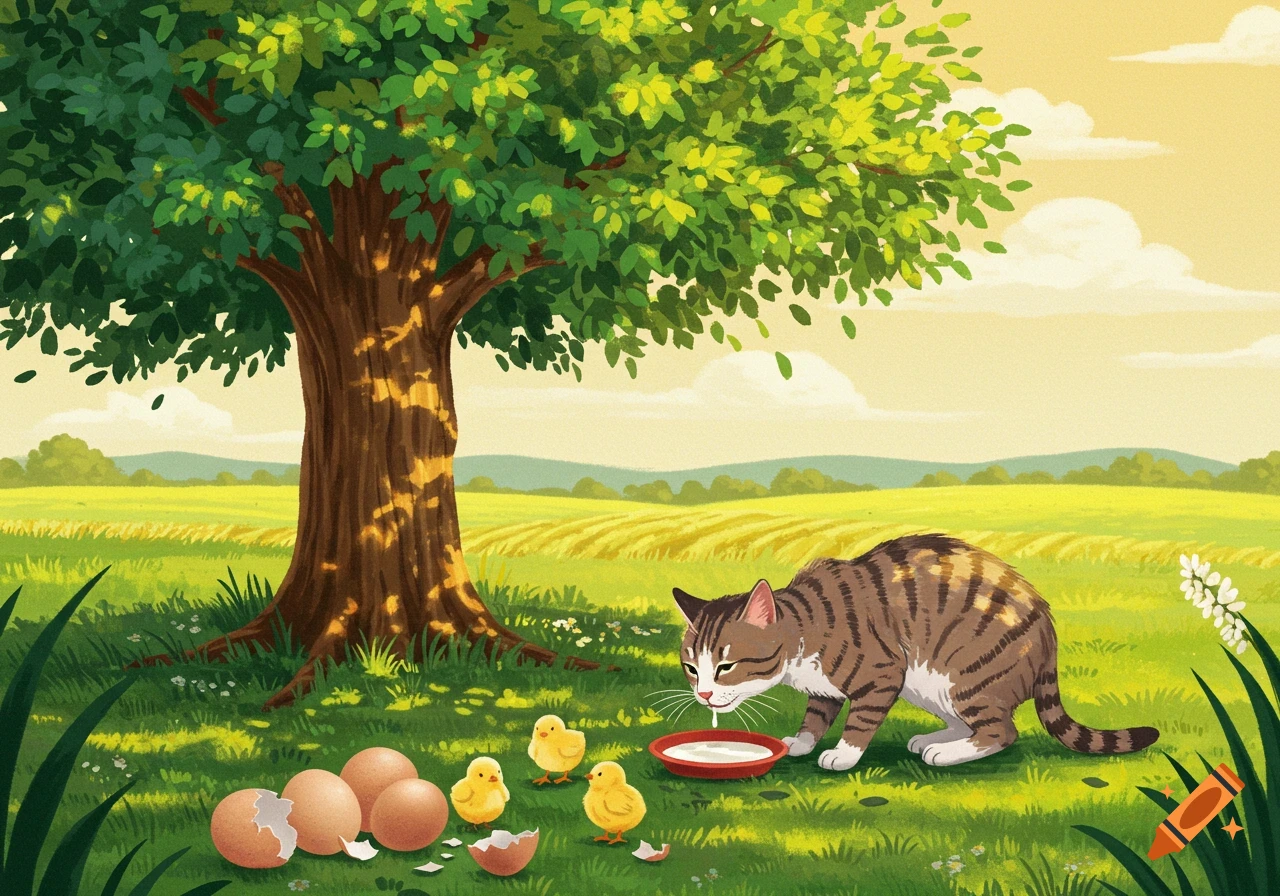 A colorful illustration of a tabby cat drinking milk next to baby chicks and broken eggs under a tree in a sunny field.