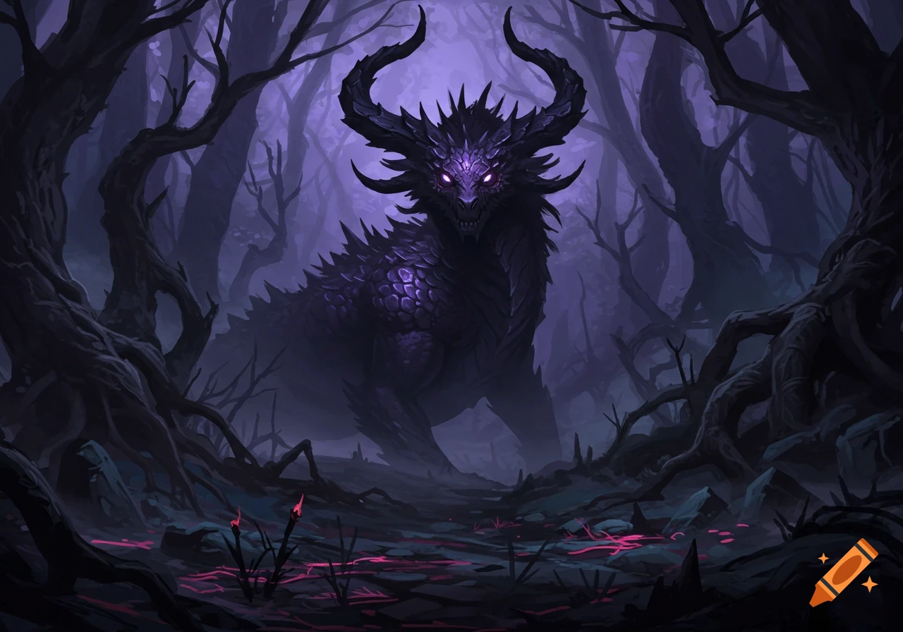 Dark horned monster with glowing purple eyes and spiky scales stands in a shadowy, eerie forest with twisted trees and pink ground elements.