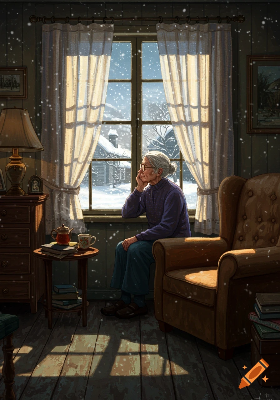 An elderly woman with gray hair and glasses sits by a window, looking out at a snowy winter scene from a cozy, dimly lit room.