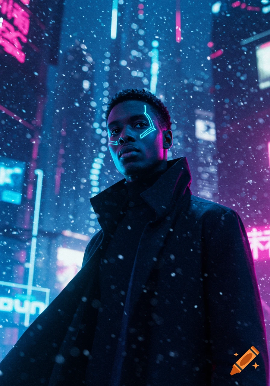 A portrait of a person with neon markings on their face, standing in a snowy, neon-lit cyberpunk city at night.