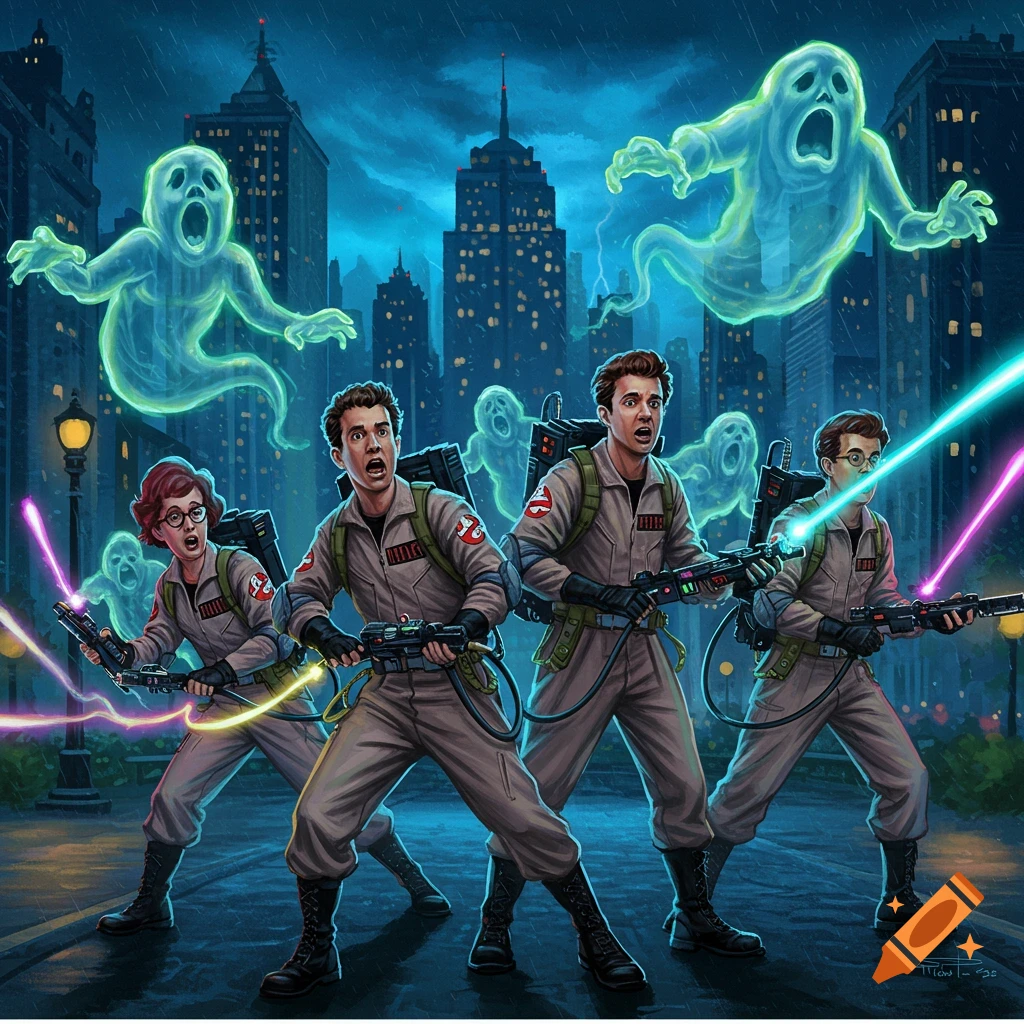 Four Ghostbusters characters, including a woman, in tan uniforms and proton packs, battle glowing green ghosts in a dark, rainy city street at night in a detailed illustration.