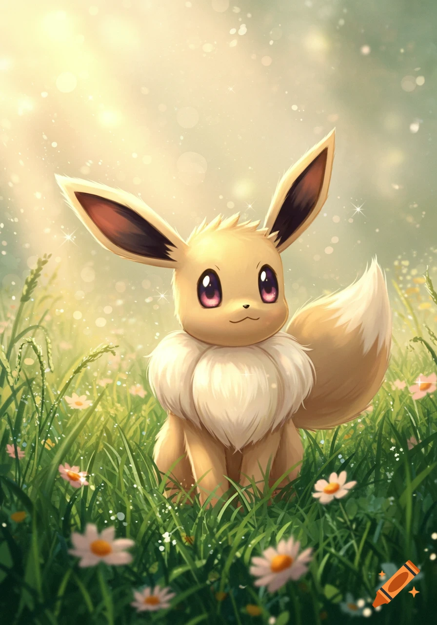 A cute Eevee with large ears and a fluffy collar sits in a vibrant green field with small white and pink flowers under a bright, sparkling sky.