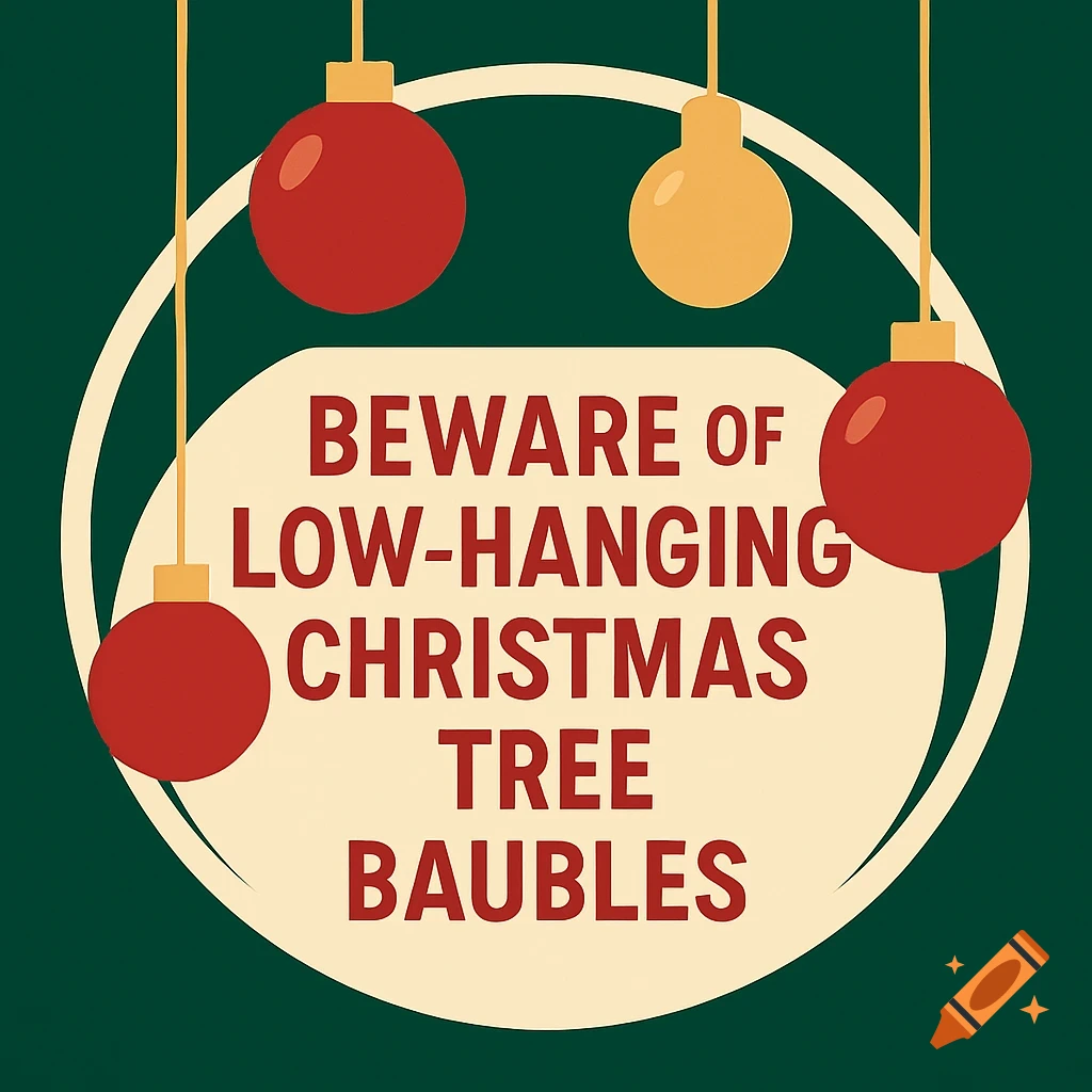 A flat graphic warning sign with red text 'Beware of low-hanging Christmas tree baubles' on a cream oval, surrounded by red and gold ornaments on a dark green background.