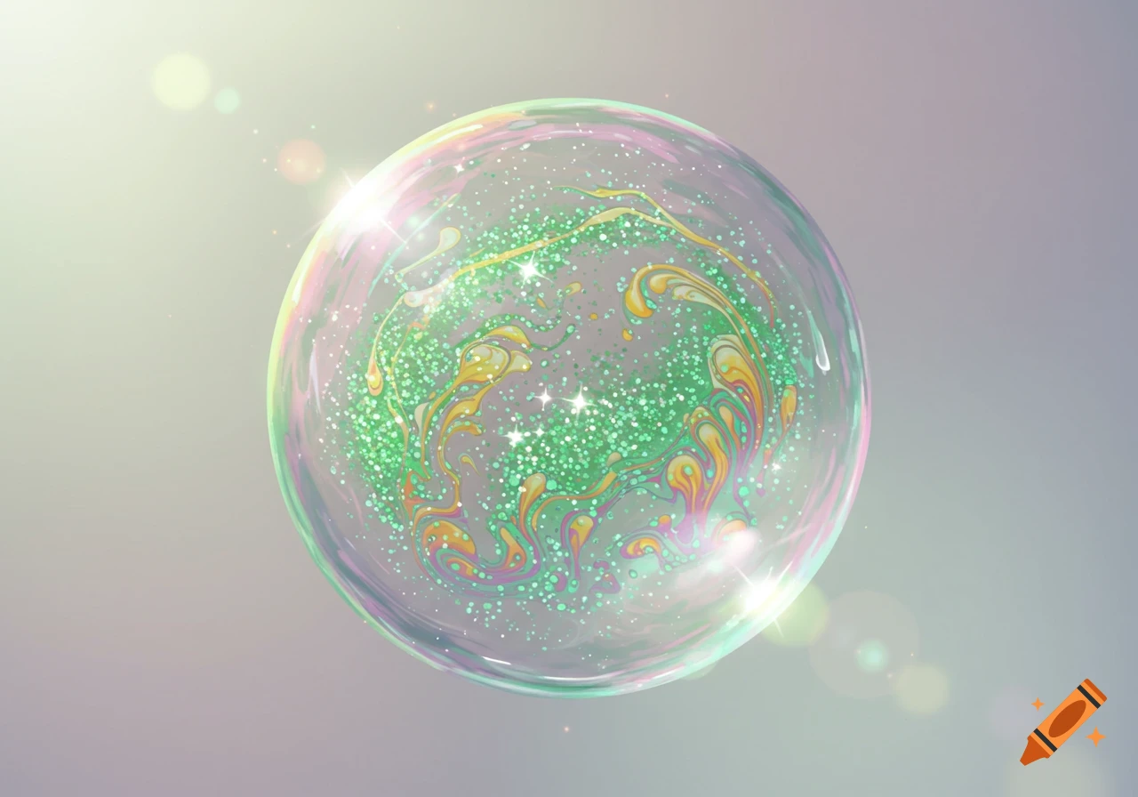 A shimmering soap bubble filled with green glitter and colorful swirling patterns, catching light flares.