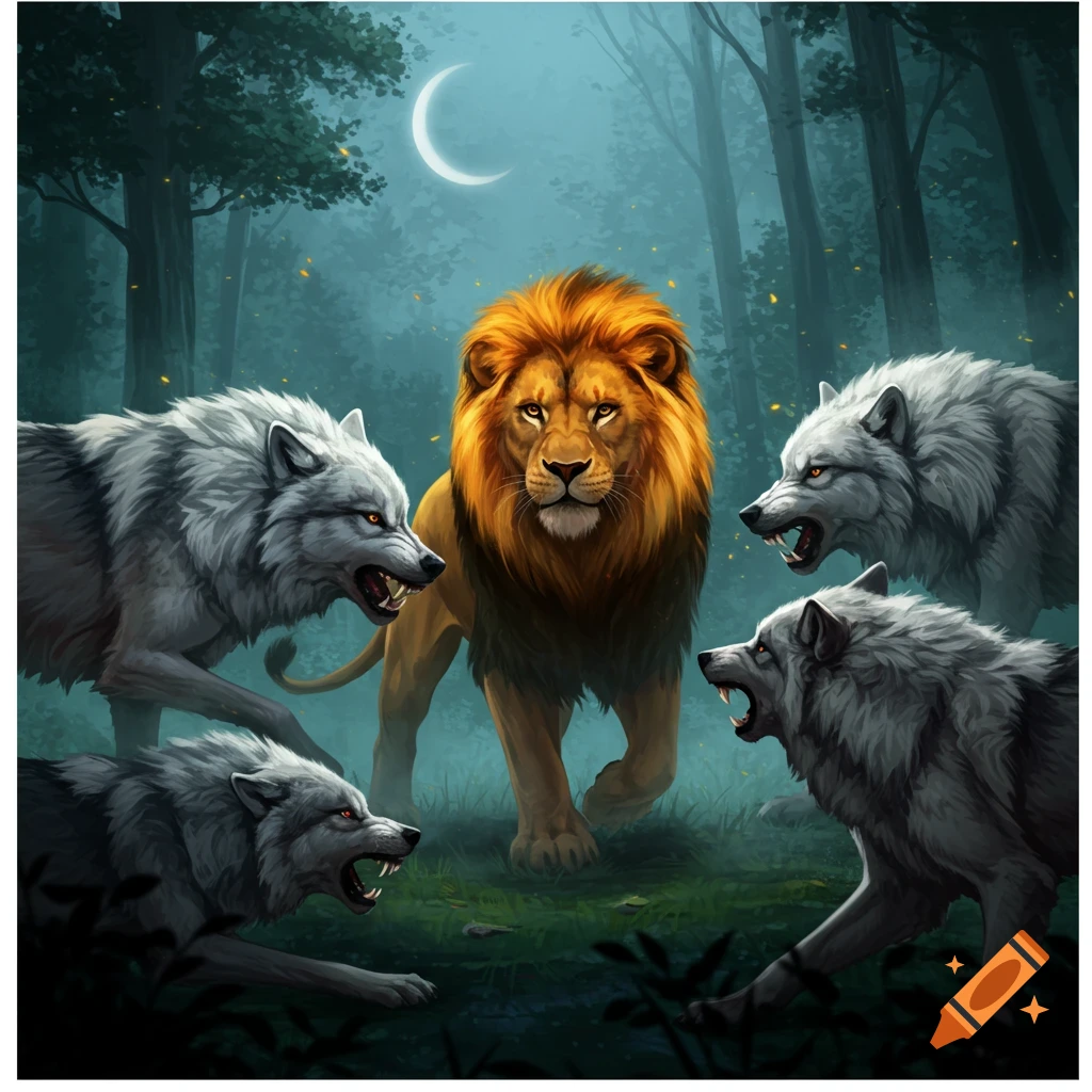 A majestic golden-maned lion stands defiantly in a moonlit forest clearing, surrounded by four snarling gray wolves.