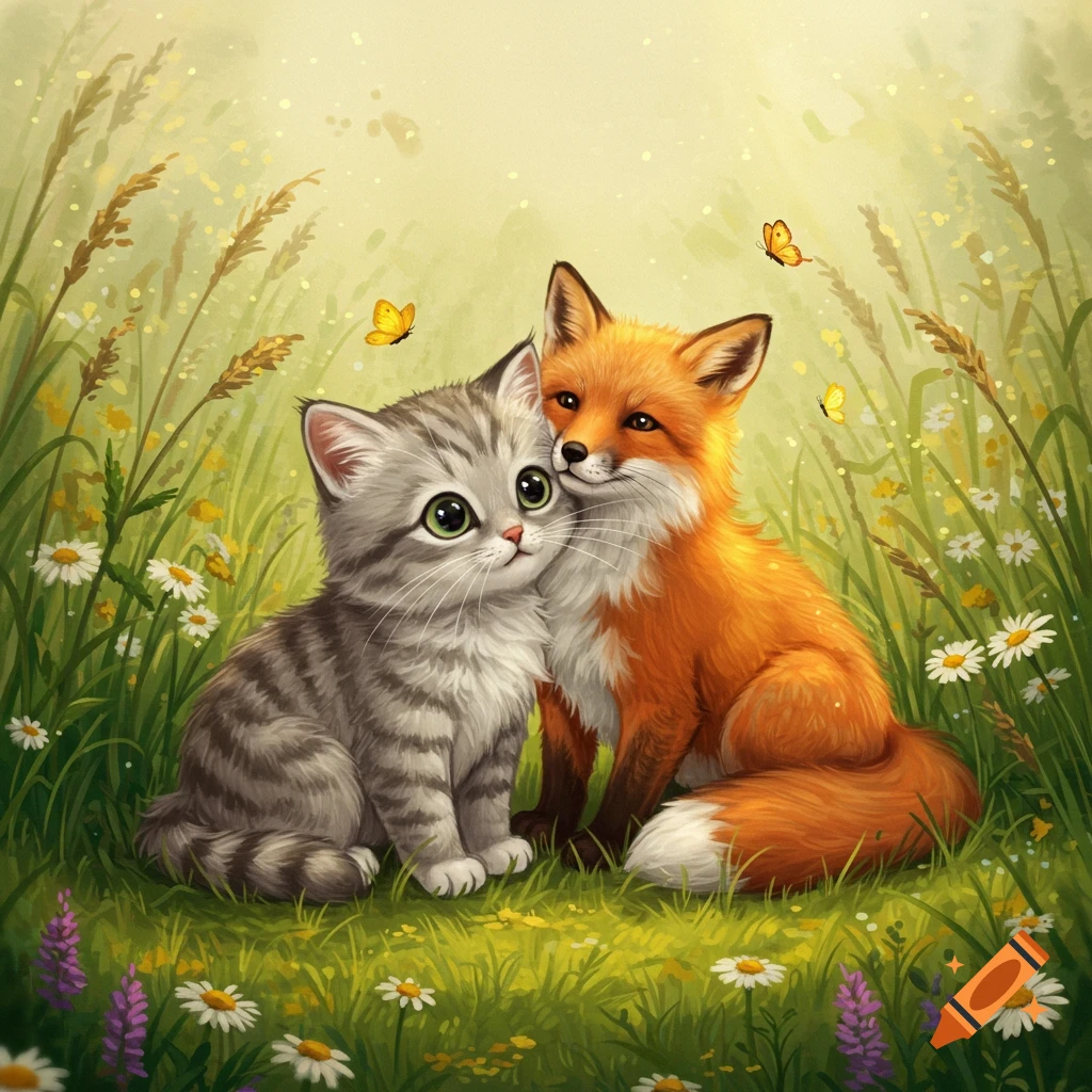 A cute tabby cat and a red fox cuddle in a lush green meadow with wildflowers and butterflies, in a whimsical illustration style.