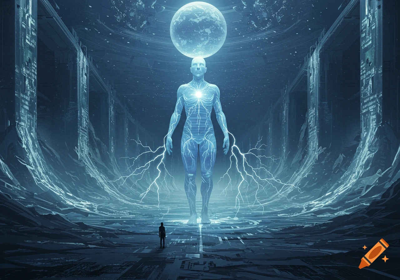 A towering, glowing blue human figure with a planet on its head stands in a dark, futuristic hall with energy sparks, a small person below.