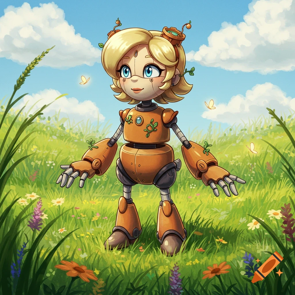 A cute, blonde robot with an orange body, adorned with small leaves, stands in a lush green field with colorful flowers under a blue sky with clouds, in a Studio Ghibli style.