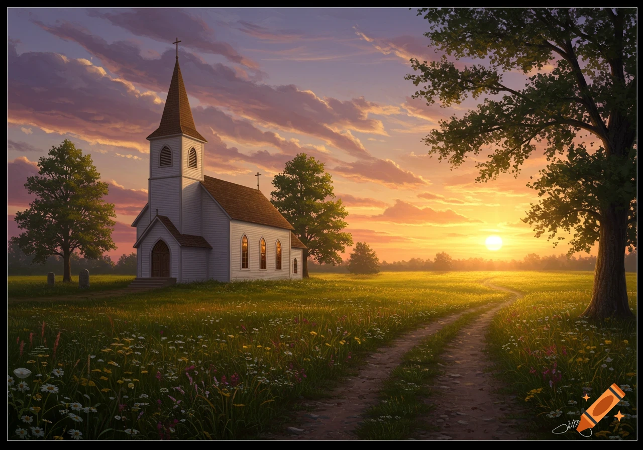 A quaint white country church with a steeple stands in a lush green field filled with wildflowers at sunset, with a dirt path winding towards the bright horizon.