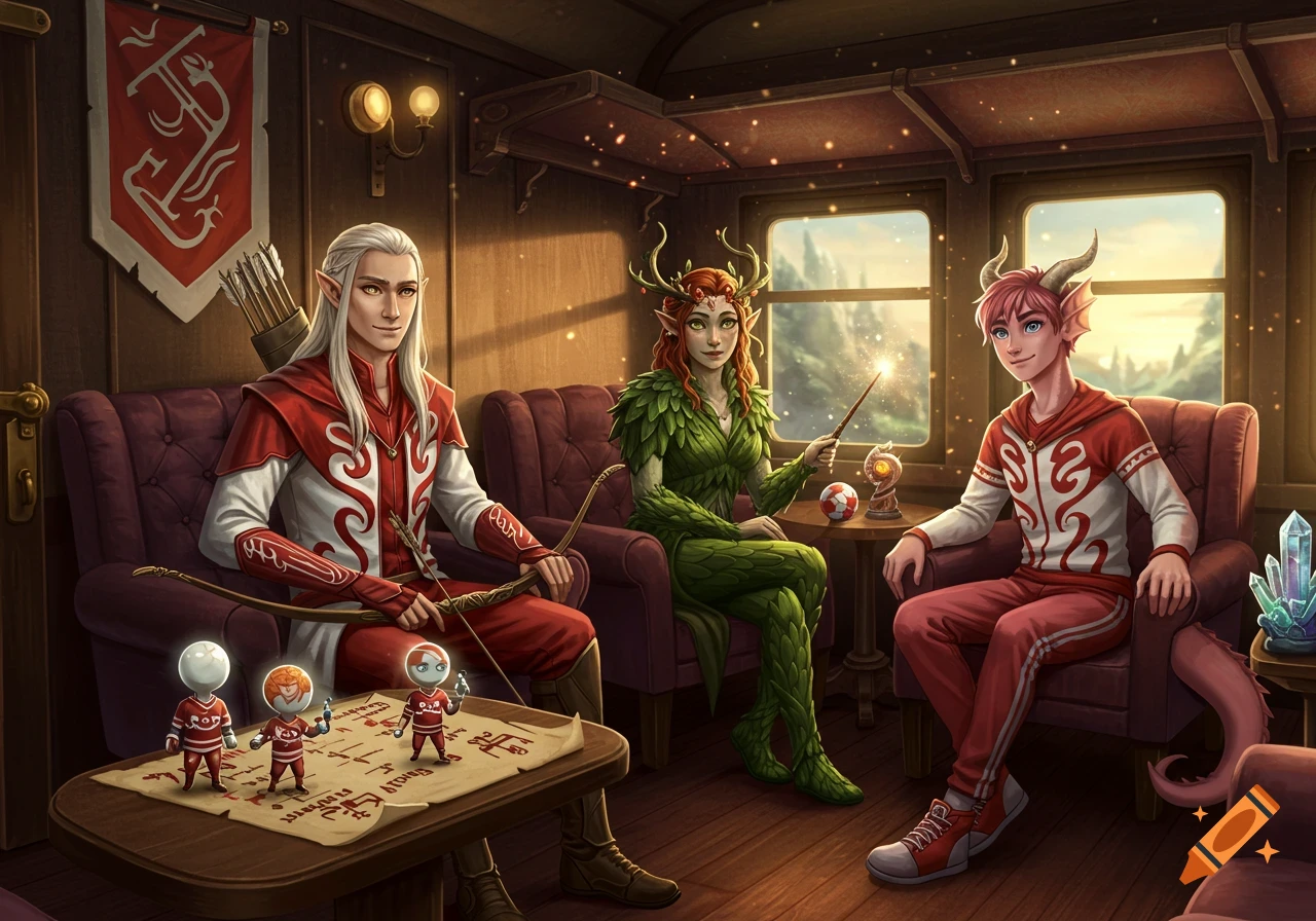 Three fantasy characters, an elf, a dryad, and a dragon-boy, sit in a luxurious train compartment, surrounded by magical sparkling effects.