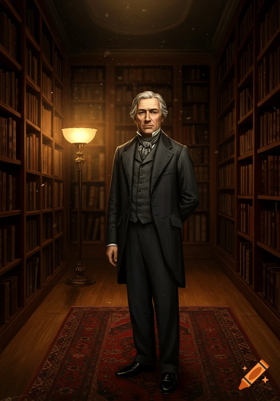 A man in a dark suit with a cravat stands in a dimly lit library, surrounded by tall wooden bookshelves and a red patterned rug.