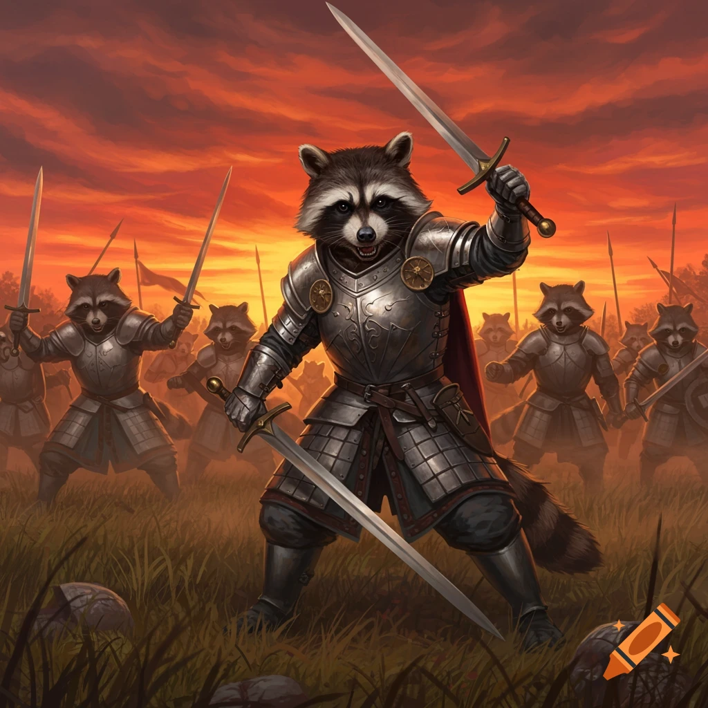 A heavily armored raccoon knight with two swords leads an army of raccoon soldiers on a battlefield under an epic orange sky.