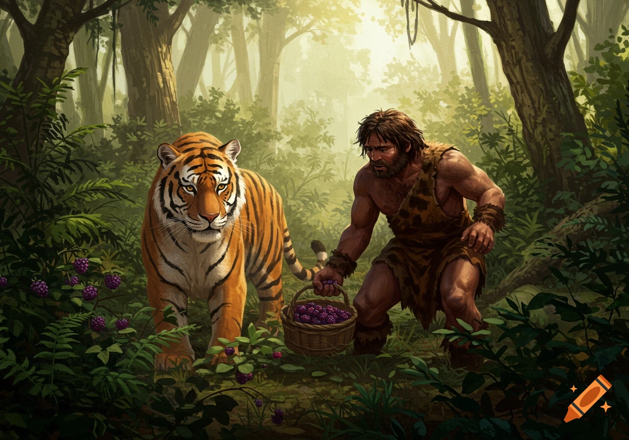 A strong caveman picks berries in a lush jungle, unaware of a large, watchful tiger behind him. Digital painting.