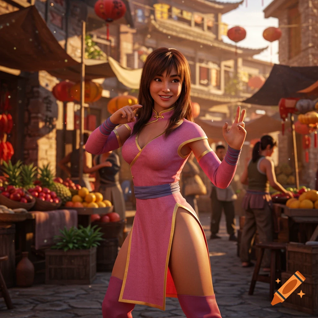 A smiling woman in a pink martial arts-style dress with high slits and matching boots poses in a vibrant Asian market.