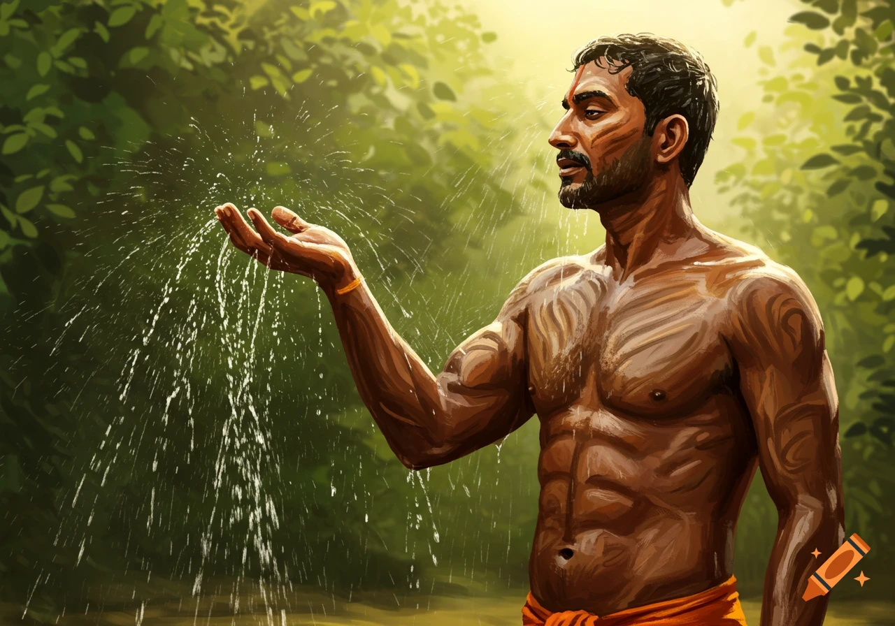 Painterly illustration of an Indian man with mud patterns on his body, catching splashing water in his hand in a vibrant green jungle setting.