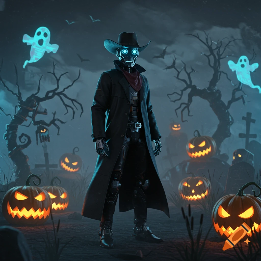 A robot cowboy in a trench coat and hat stands in a foggy Halloween graveyard surrounded by glowing jack-o'-lanterns and ghosts.
