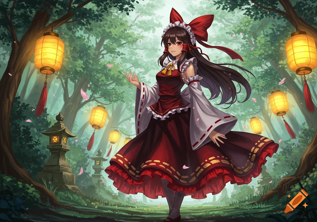 Anime girl in a red and white traditional dress with a large red bow stands in an enchanted forest with glowing yellow lanterns.