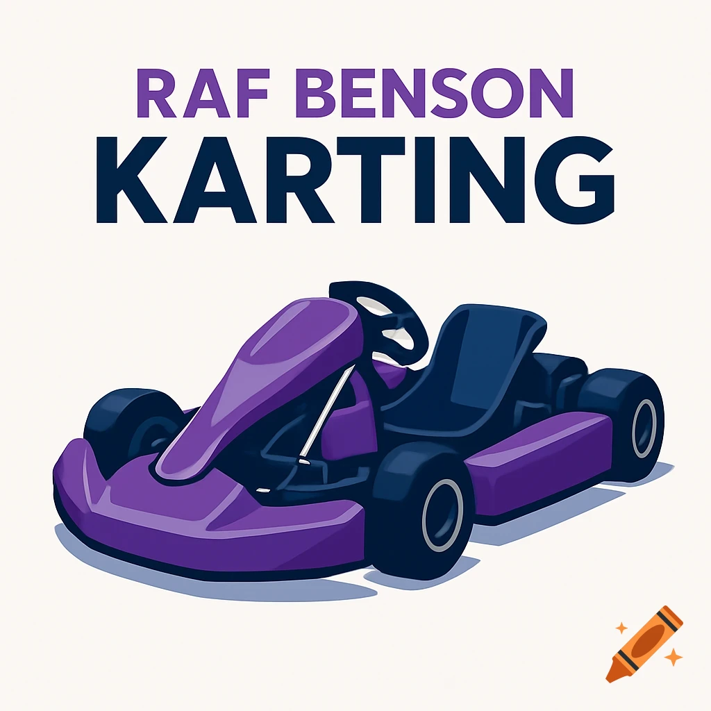An illustration of a purple go-kart with the words 'RAF Benson Karting' in purple and dark blue text above it.