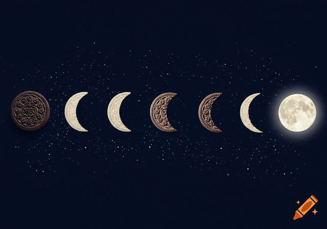 Oreo cookies arranged as phases of the moon against a dark starry night sky.