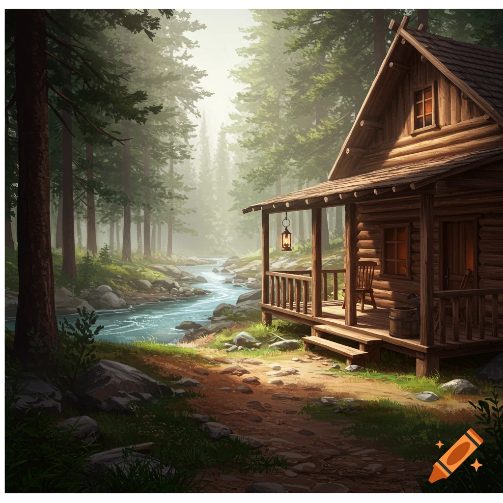 A rustic log cabin with a porch by a winding river, surrounded by lush fir trees in a misty, painted forest landscape.