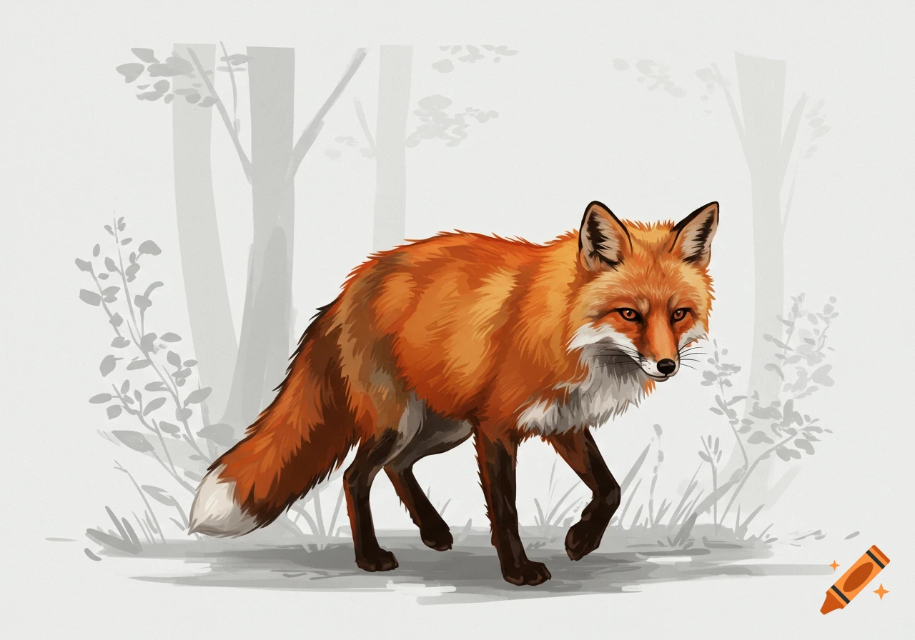 An illustrative depiction of a red fox walking, with a minimalist gray forest background.