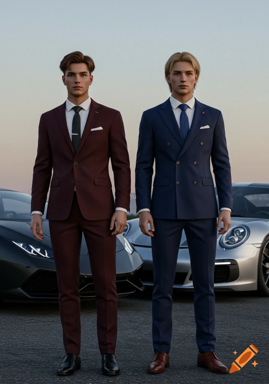 Two young men in burgundy and navy suits stand in front of a black Lamborghini and a silver Porsche.