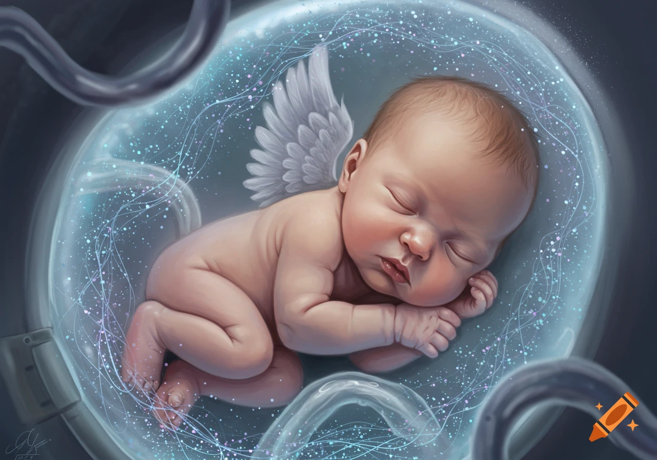 A sleeping baby with white wings inside a glowing, translucent artificial womb. Digital art.