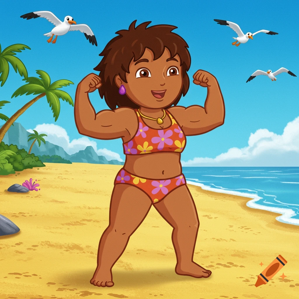 A cartoon of Diego's mom from Nick Jr's Go Diego Go, a muscular woman in a floral bikini, flexing her biceps on a sunny beach with palm trees and seagulls.