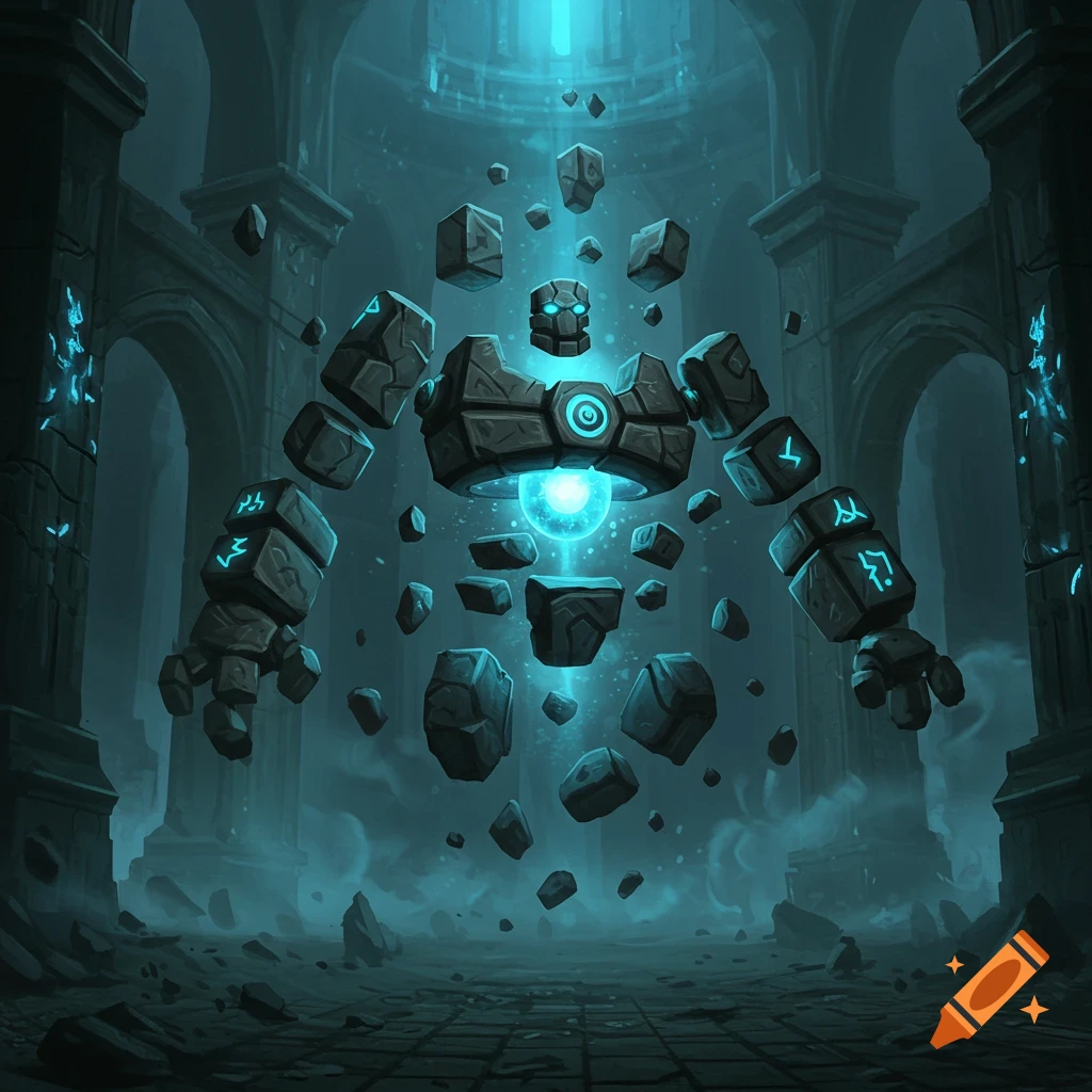 Floating stone golem made of dark blocks orbiting a glowing blue core, levitating in a dark magical temple, digital art.