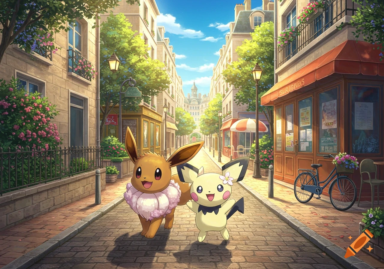 Eevee and Pichu walk down a sunny, flower-decked Parisian street lined with buildings and shops, in an anime style.