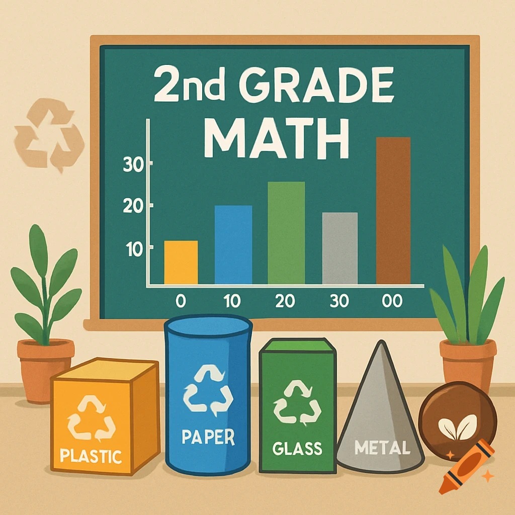 An educational illustration for 2nd grade math, showing a bar graph on a chalkboard behind five recycling bins (plastic, paper, glass, metal, organic) in various geometric shapes. Two potted plants flank the chalkboard.