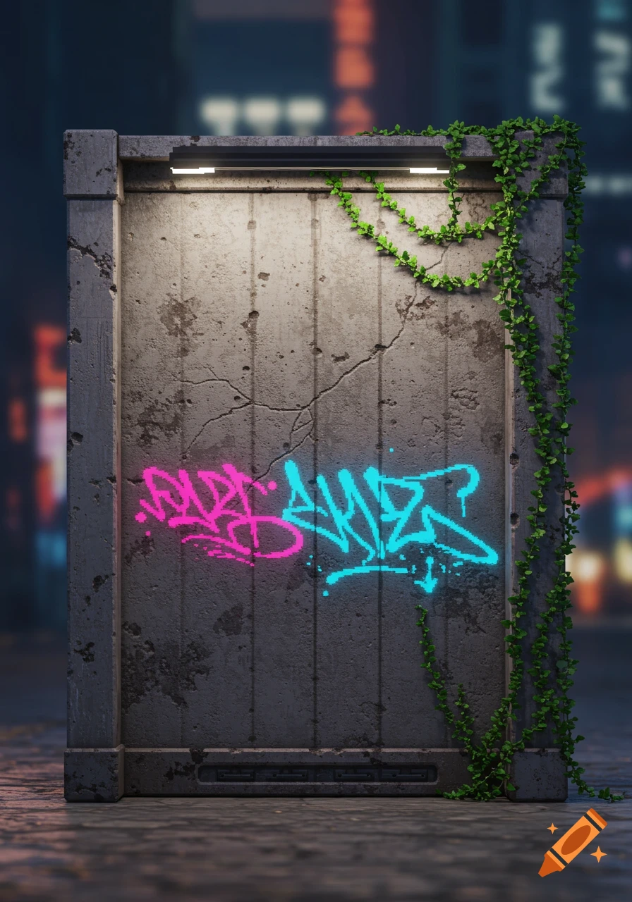 A weathered concrete wall with vibrant pink and blue neon graffiti, green ivy, and a light bar, against a blurred urban night background.