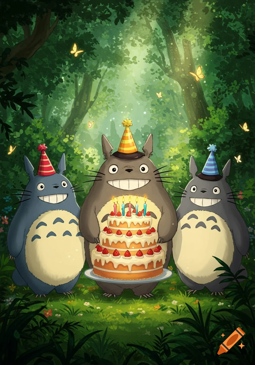 Three Totoros wearing party hats in a magical forest. The largest Totoro holds a tiered birthday cake with lit candles, surrounded by butterflies.