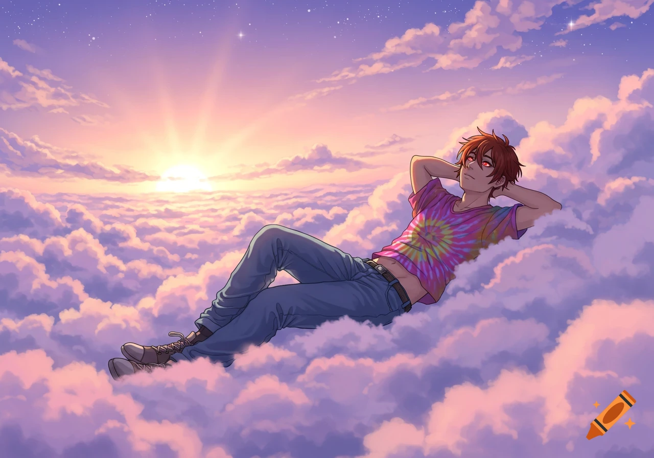 An anime-style guy with red eyes and a tie-dye shirt lies on soft pink and purple clouds at sunset under a starry sky.