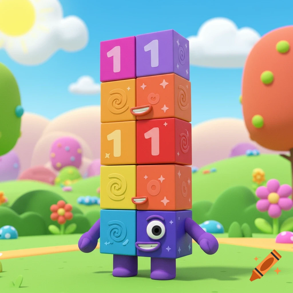 A cartoon character made of colorful blocks forming the number 11, with a smiling face and arms, standing in a sunny, green, stylized landscape.