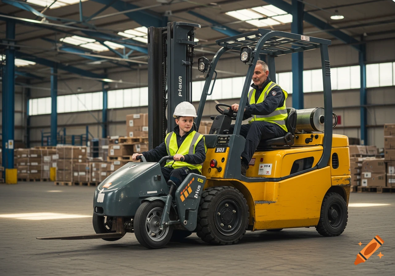 A man drives a yellow forklift with a boy in a sidecar, both wearing safety gear in a warehouse. Photorealistic style.
