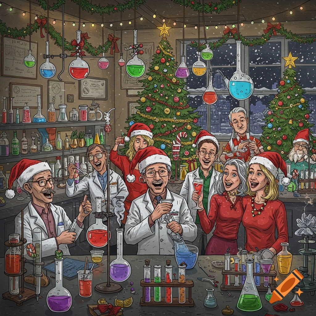 A festive cartoon illustration of scientists in a lab wearing Santa hats and holding drinks amidst Christmas decorations and scientific equipment.