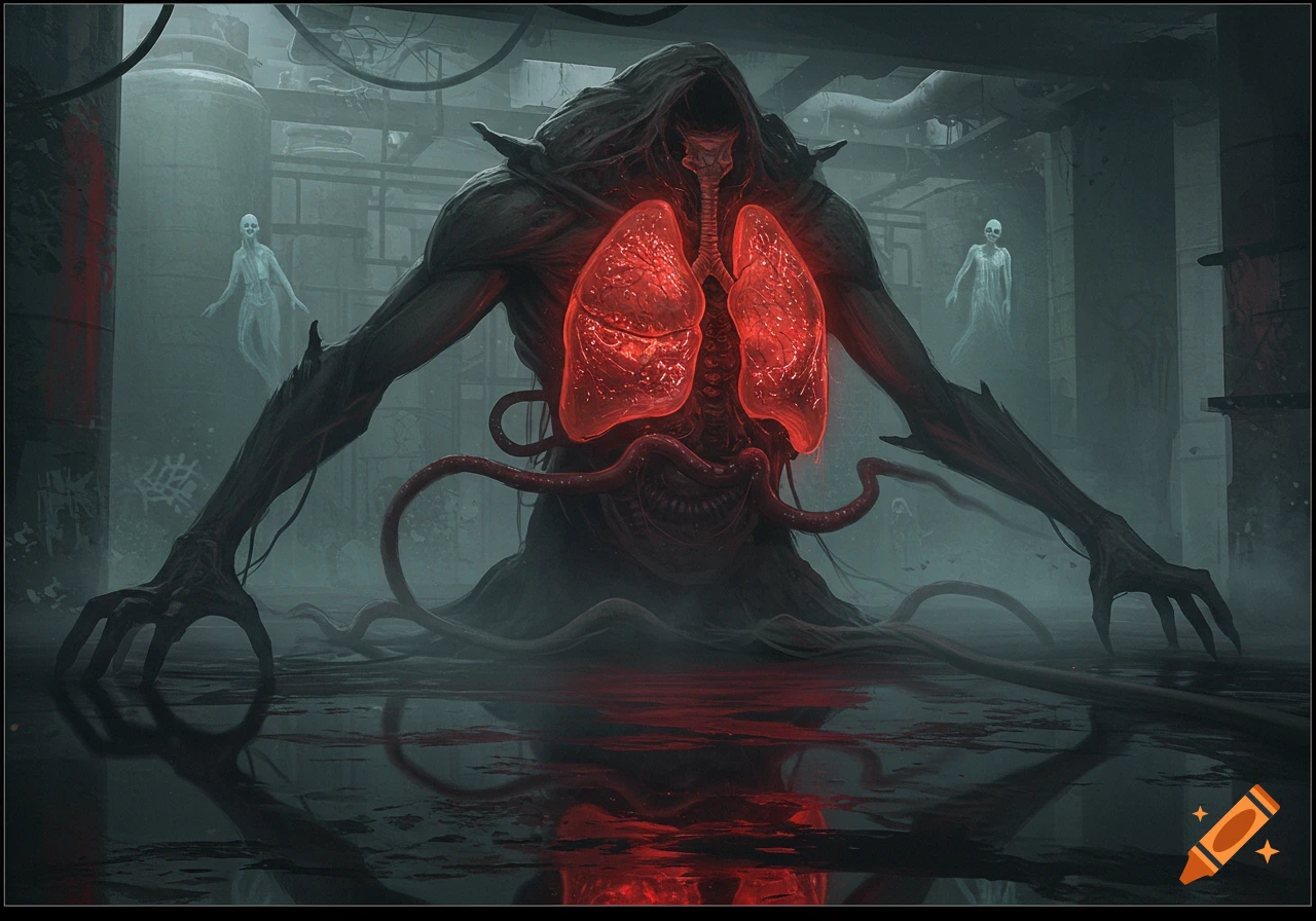 A hooded monster with exposed, glowing red lungs stands in a dark, misty industrial setting with ghostly figures. Digital horror art.