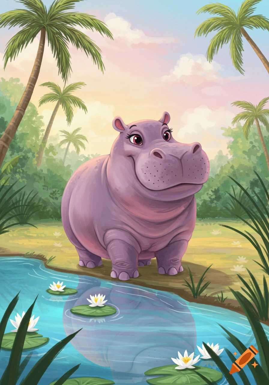 A smiling, plump, purple cartoon hippo stands beside a river with water lilies and lily pads, under a pastel sky with palm trees and jungle foliage.