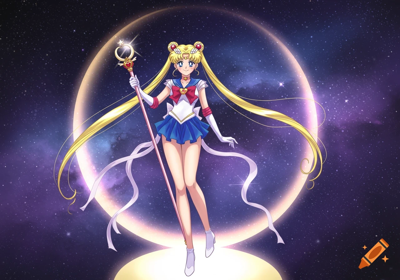 Sailor Moon in her uniform holds a glowing staff against a starry purple space background with a bright halo.