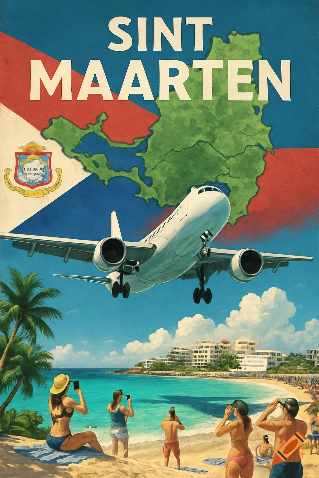 Vintage travel poster for Sint Maarten showing a plane landing over Maho Beach, with people watching from the sand.