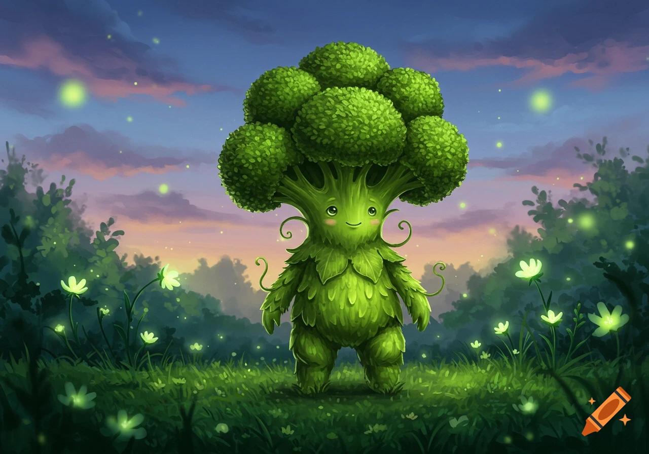 A cute, smiling broccoli creature stands in a magical twilight forest with glowing plants and fireflies, digital art.
