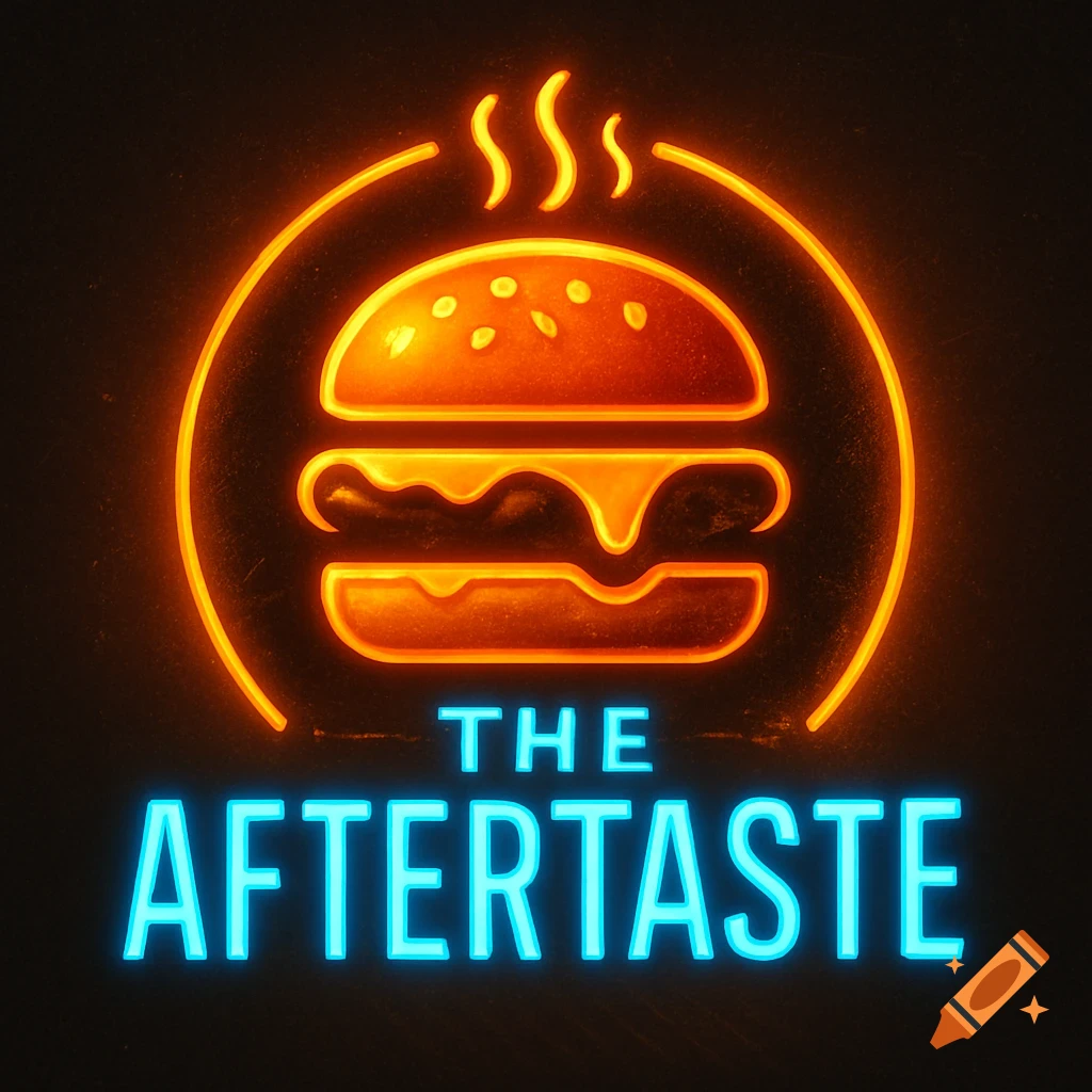 A glowing neon logo for 'THE AFTERTASTE' restaurant, featuring an orange burger icon inside a circle with blue text below.