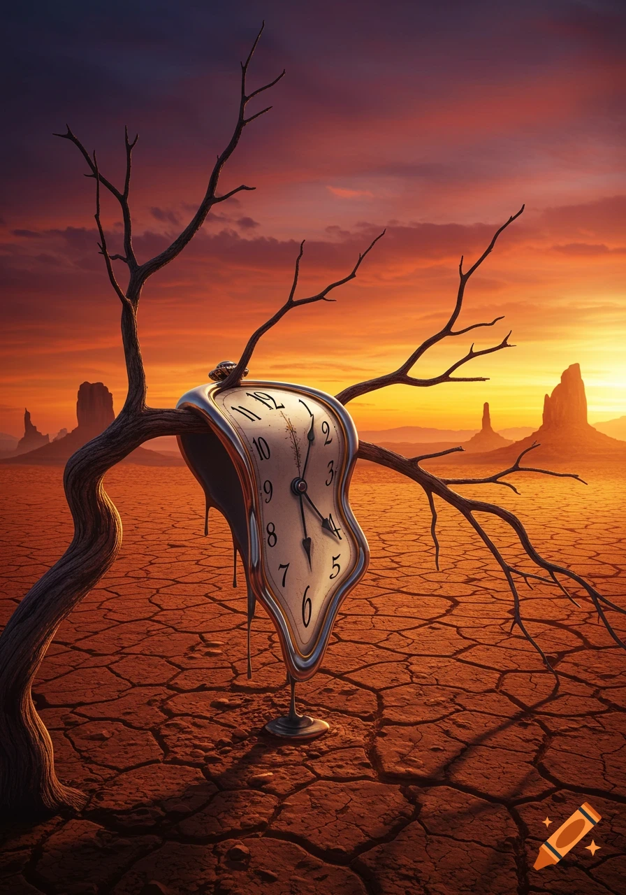 A surreal melting clock drapes over a barren tree branch in a cracked desert landscape at sunset.