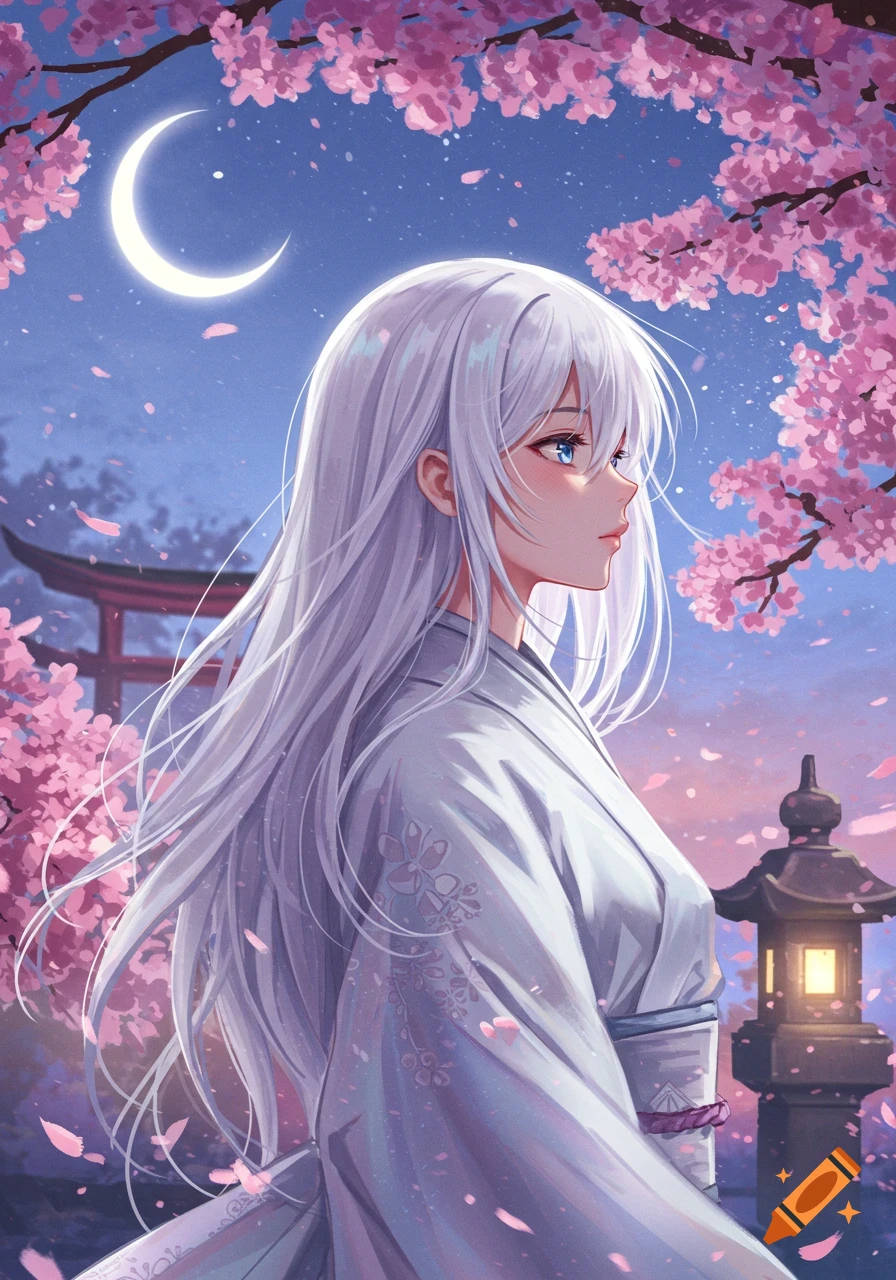 Anime girl with long white hair in a kimono, gazing right under a cherry blossom tree at night, with a crescent moon, torii gate, and lantern.