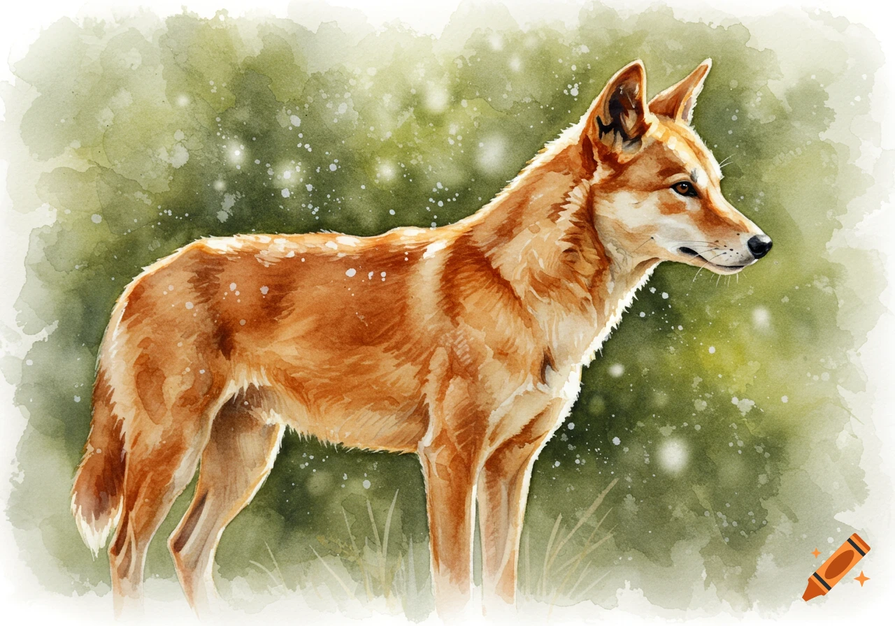 A watercolor painting of a dingo standing in a natural setting with a green, dappled background.