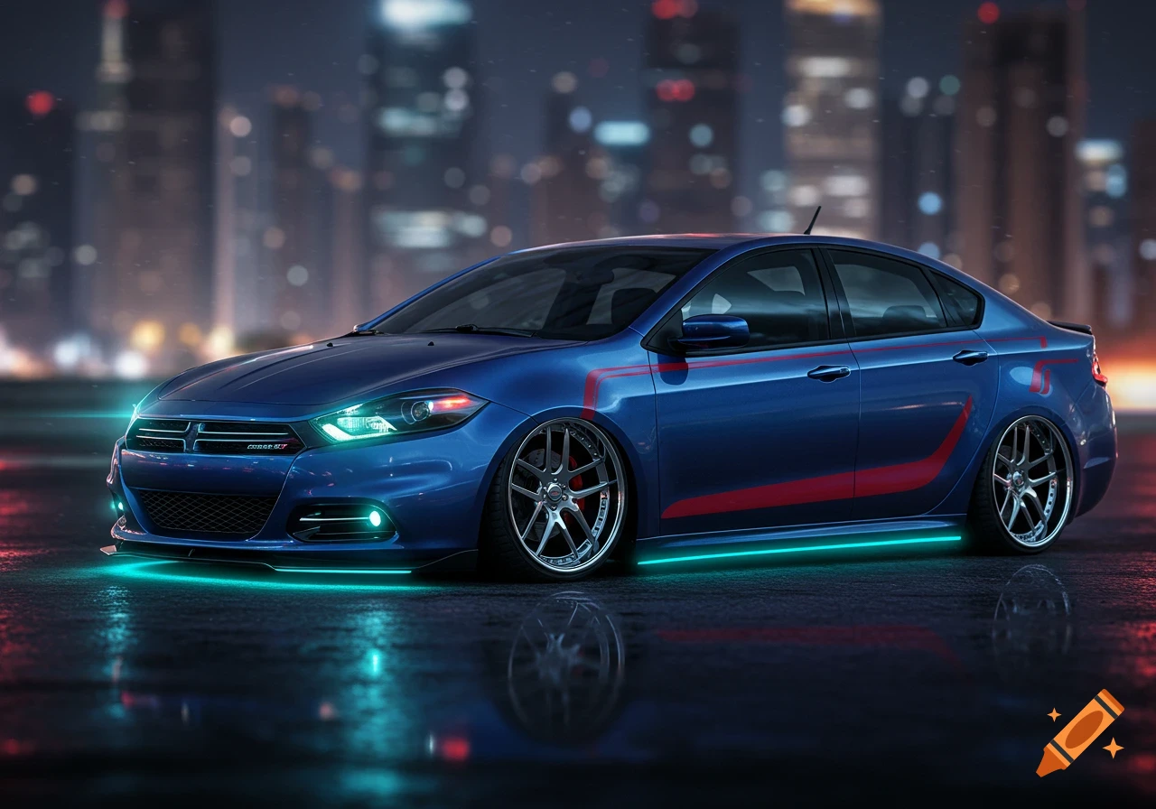 Blue tricked-out Dodge Dart sedan with red racing stripes and blue underglow, parked on a wet street at night with city lights.